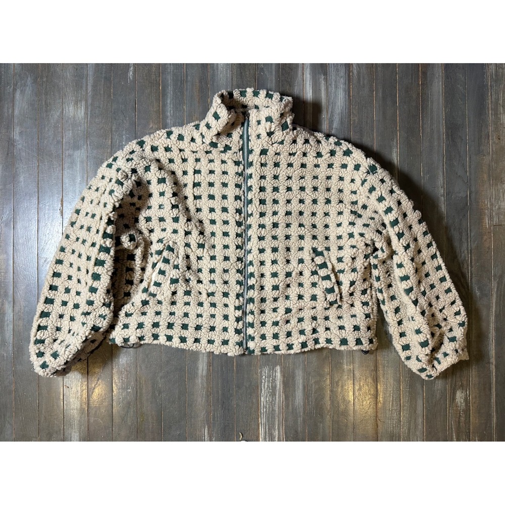 Women Cream Green Checkered Teddy Fleece Zip Up Cropped Jacket Boxy Fit - Picture 3 of 4